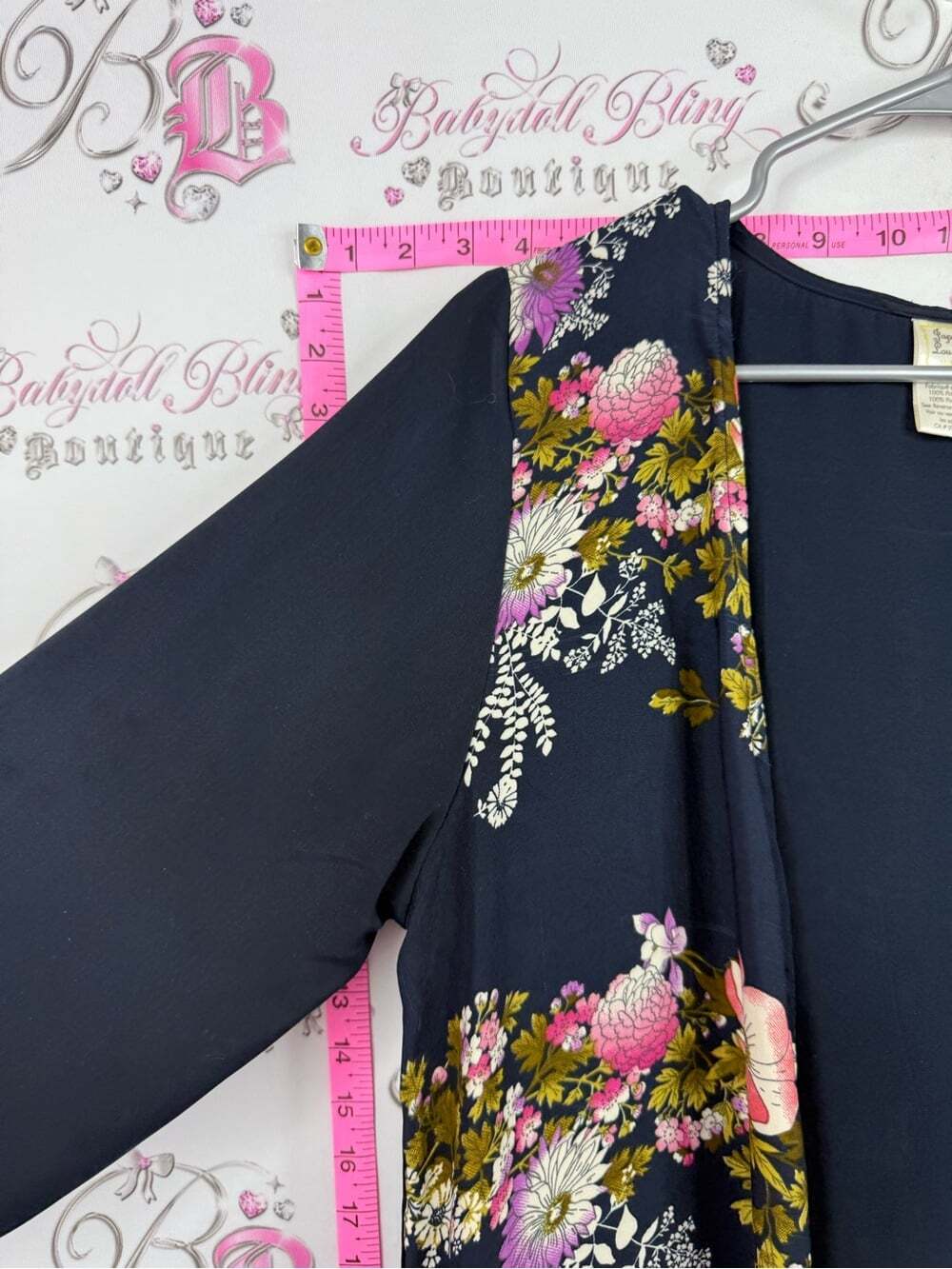 Japna Navy Floral Kimono Cardigan with Pink and Green Blooms - Picture 4 of 10